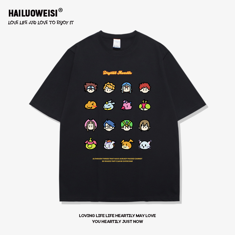 Digimon Nostalgic Anime Short-Sleeved T-Shirt for Men, Pure Cotton, Large Size, Loose, Black, Summer Thin Half-Sleeve