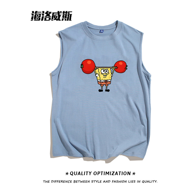 Fun Cartoon Weightlifting Spongebob Squarepants Fun Vest Summer Pure Cotton Loose Sleeveless T-Shirt Casual Undershirt