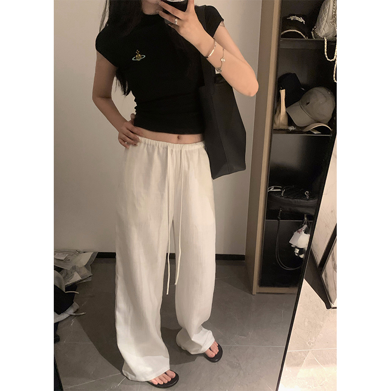 Enwen White Washed Ramie Pants with a Relaxed Fit, Old Money Style Linen Wide-Leg Casual Straight-Leg Floor-Length Pants