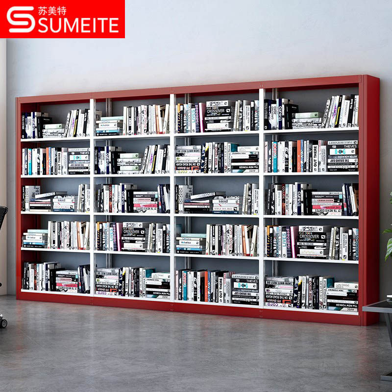 Steel Bookshelf School Library Bookshop Reading Room Single-side Bookshelf Information Shelf One list of four groups of five red