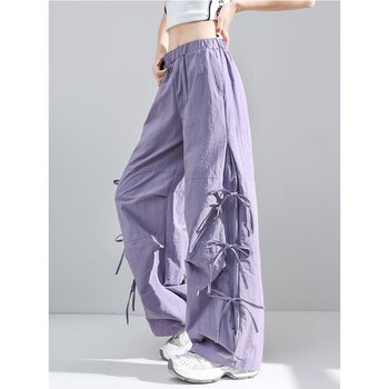 Dopamine Side-Tie Bow Cargo Pants for Women, New Summer Style, Student Korean Version, Loose Straight-Leg Sports Trousers