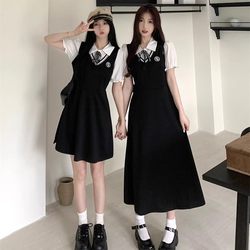 French preppy style fake two-piece black polo dress for women plus size summer waist slimming A-line skirt