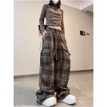 Clearance Bargain~ Meilade American Retro Work Pants for Women, New Spring and Autumn Wool Plaid Casual Sports Trousers