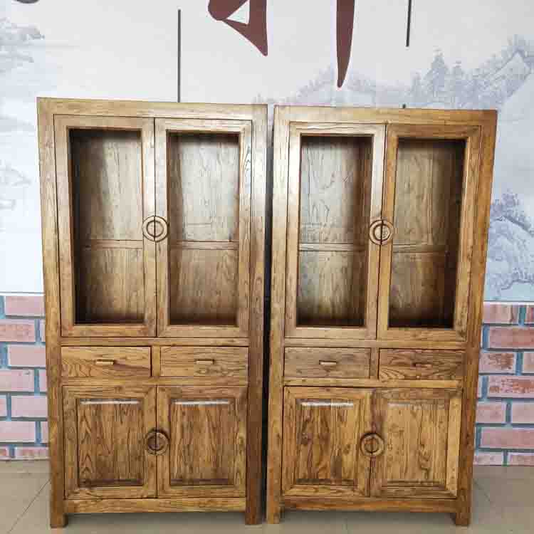 All solid wood bookcase with glass old elm furniture office file cabinet modern simple log Bo antique locker