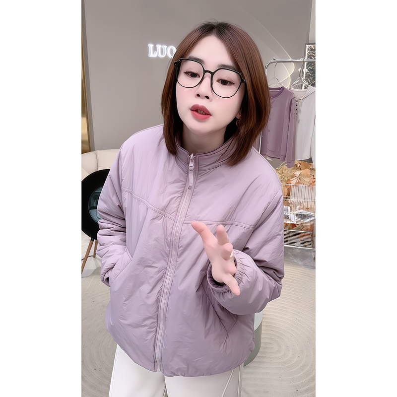Double-Sided Reversible Quilted Fleece-Lined Warm Jacket Winter Stand-Up Collar Color-Block Casual Versatile Zipper Jacket Cotton Coat for Women