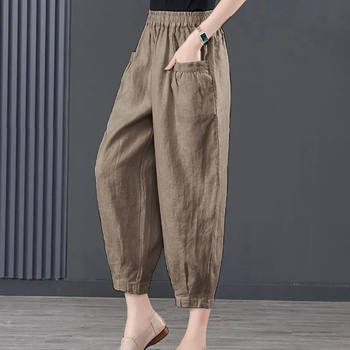 Summer ບາງໆ elastic waist ຝ້າຍແລະ linen pants harem ເກົ້ານາທີສໍາລັບແມ່ຍິງ