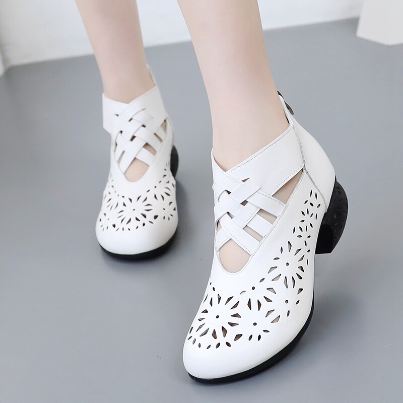 White hollow dance shoes female soft sole new outer wear Mommy leather dance shoes in heel shoes dance square dance shoes