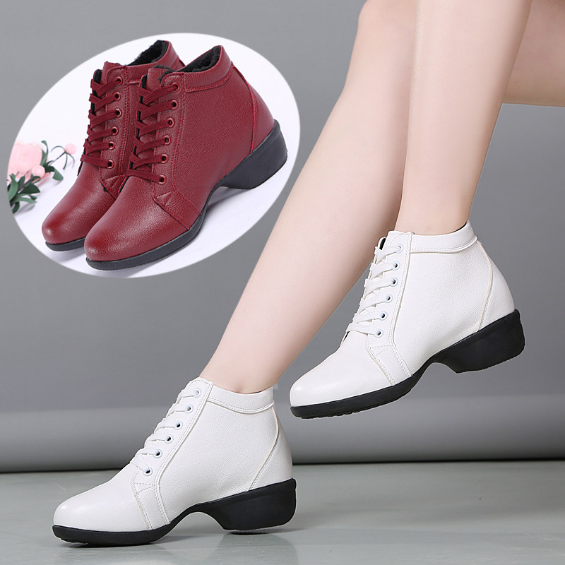 Leather outer wear dance shoes women's soft-soled dance shoes modern dance square dance practice shoes mid-heel white sailor dance boots