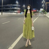 Зеленый корсет, летнее платье, юбка, французский стиль, квадратный вырез, изысканный стиль