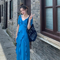 Tea break French high-end temperament slim chic and stunning beautiful ruffled Klein blue dress for summer