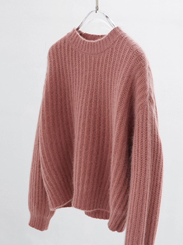 Демисезонный розовый базовый классический трикотажный свитер, круглый воротник, французский стиль