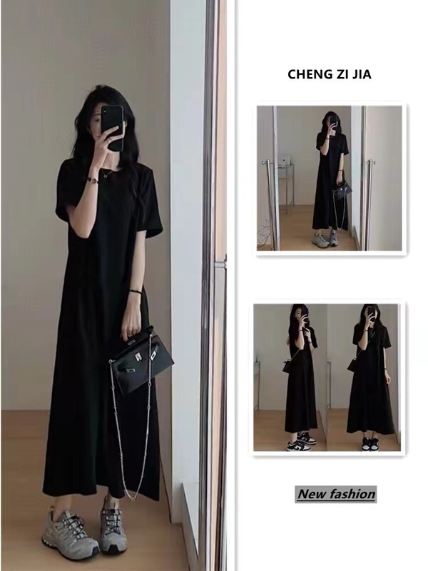 Summer Over-The-Knee Black T-Shirt Dress for Women, High-End Short-Sleeved, Loose, Slimming, Belly-Covering, French-Style Plus-Size Long Dress