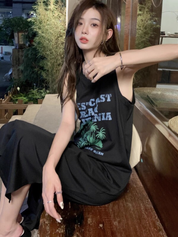 Pure Cotton Loose Casual Style Dress Summer Slit Print Sleeveless Tank Dress Long T-Shirt Dress Over-The-Knee Long Dress Pure Cotton Loose Casual Style Dress Summer Slit Print Sleeveless Tank Dress Long T-Shirt Dress Over-The-Knee Long Dress