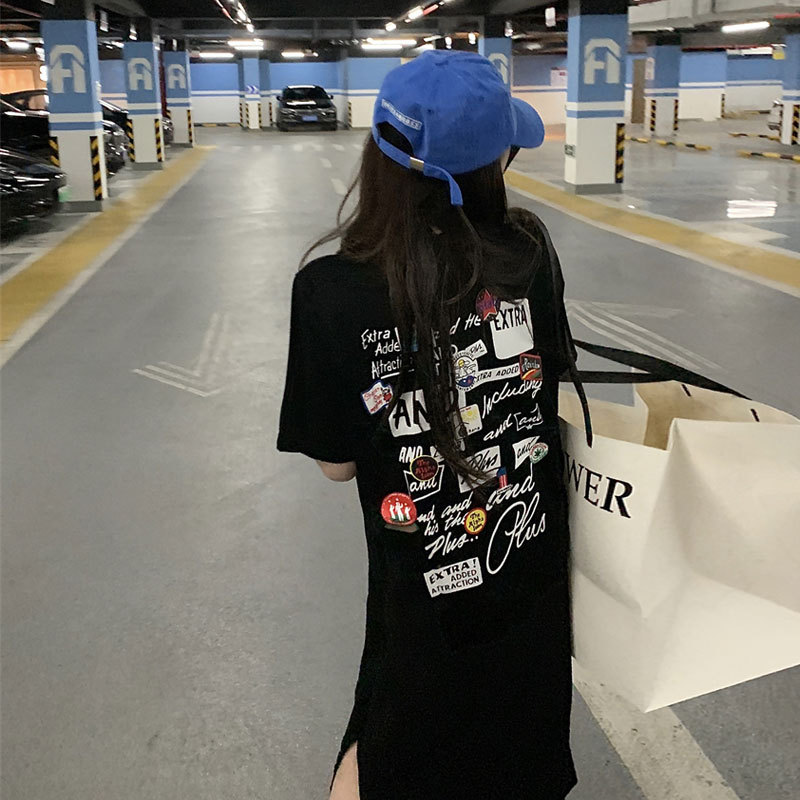 Black T-Shirt Dress for Women, Unique Design, Niche Style, Summer 2022 New Model, Loose Fit, Pure Cotton, Slit, Over-The-Knee Long Dress Black T-Shirt Dress for Women, Unique Design, Niche Style, Summer 2022 New Model, Loose Fit, Pure Cotton, Slit, Over-The-Knee Long Dress