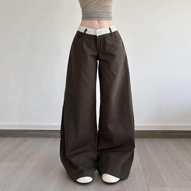 Weekeep American Retro Style Color-Blocked Low-Waist Jeans for Women, Versatile Loose Wide-Leg Slimming Long Pants