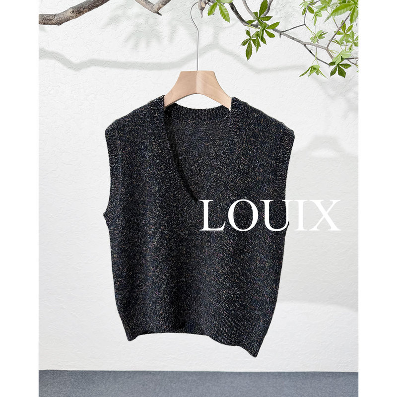 Muzhijin 100% Pure Cashmere Sweater, 5-Gauge 26-Count Colored Yarn V-Neck Women's Vest, Black Casual Knit Vest, Approximately 230g