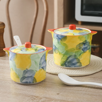 Ceramic lard jar large capacity with lid household high temperature resistant chili oil jar household seasoning salt jar seasoning jar