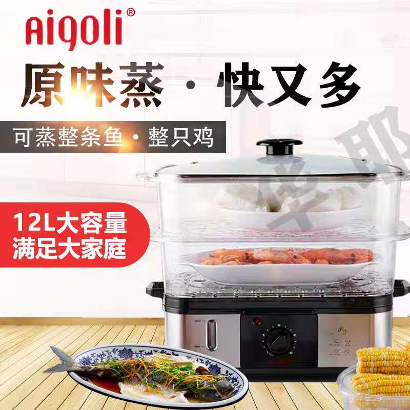 Rectangular double-layer multi-functional steam cage household anti-dry burning super-large capacity transparent timing mechanical steam fish electric steam pot
