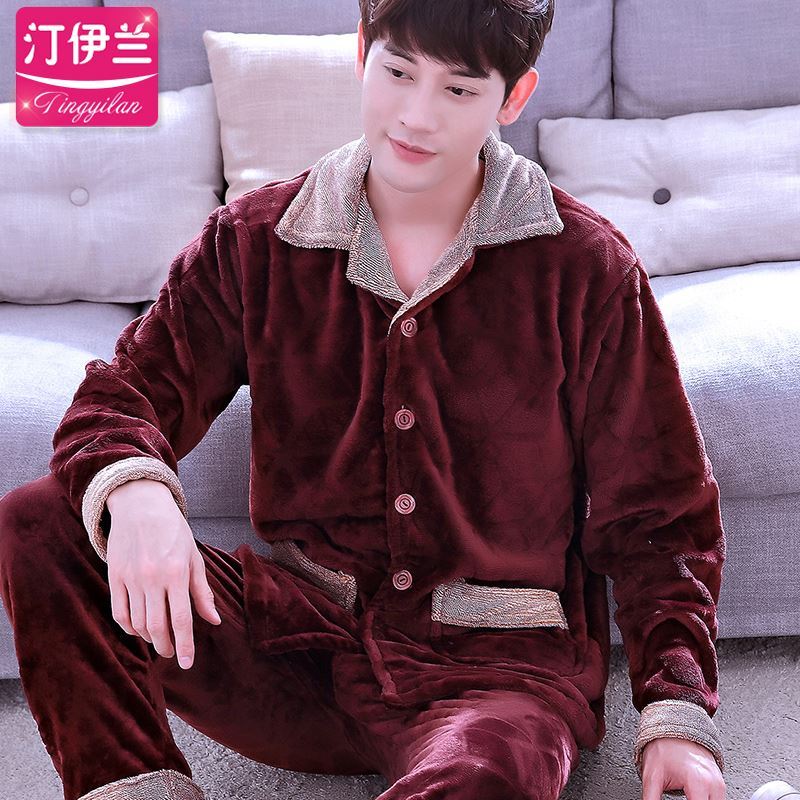 Winter pajamamens bộ bông mùa đông mùa thu dài tay áo và các mô hình mùa đông cộng với mens đất nhung ấm dày nhung san hô bông len.