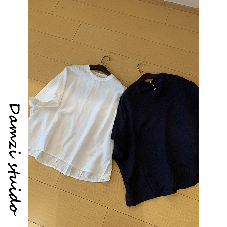 Da Mai Zi "Lantern Sleeves" Patchwork T-Shirt with Tencel and Linen in Large Size Mz6077 Lantern Sleeves