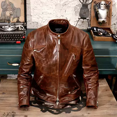To dress to the version of American retro RL venom with heavy oil wax calfskin stand collar locomotive leather jacket