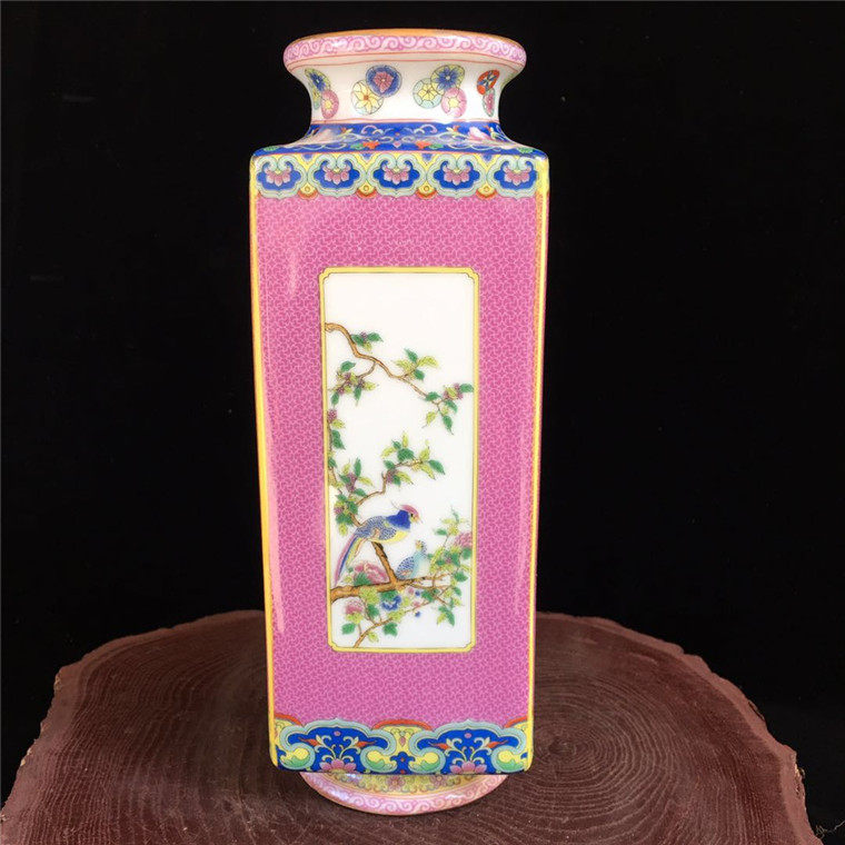 Dry Lon Pink Flowers Bird Tetragonal Round Mouth Bottle Antique Porcelain Pendulum Imitation Antique Art Collection Classic Chen Set Old Goods-Taobao