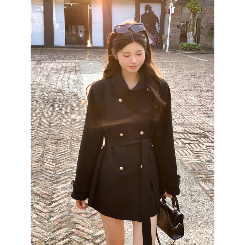 Uumm Autumn Hot-Selling Socialite Style Internet Celebrity Popular Slimming Scarf Design Black Trench Coat Women's Outerwear Coat