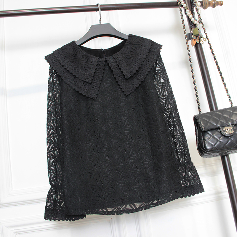 Spring and Autumn New Versatile Loose Slimming Black Doll Collar Ruffle Sleeve Double-Layer Collar Lace Shirt Plus Size Base Shirt