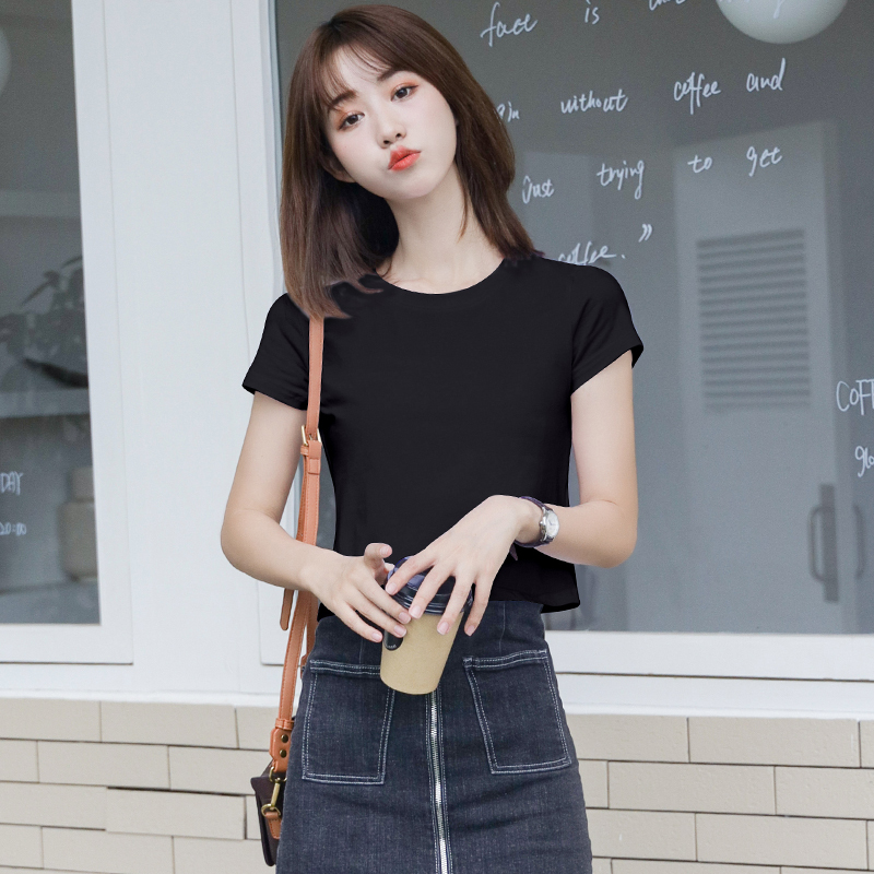 Black Slim-Fit Crop Top Short-Sleeve T-Shirt for Women, 2025 Summer Korean Style New Solid Color Short Women's Top Trendy