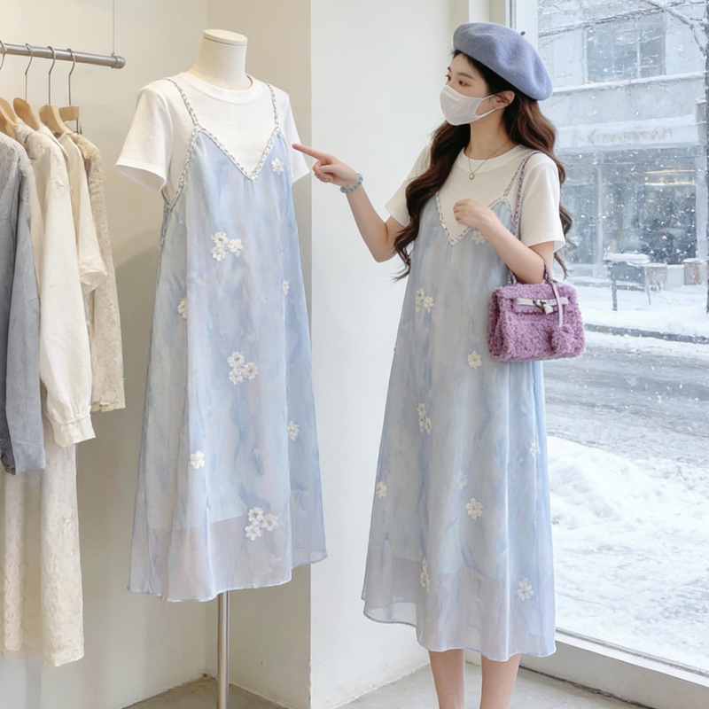 Plus Size Women's Clothing 2026 New Style for Slightly Chubby Women, Summer Wear, Gentle Style, Faux Two-Piece Long Dress with Embroidery, A-Line Flared Dress