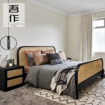 Solid wood rattan bed modern minimalist designer double bed wabi-sabi style rattan bed hotel club engineering furniture