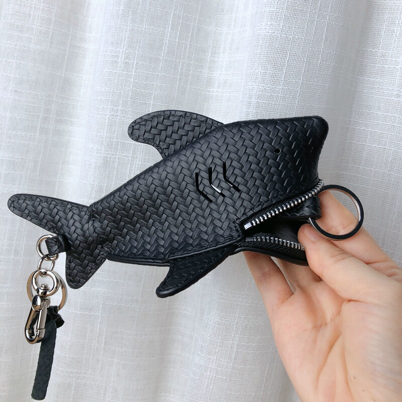 Cowhide Woven Pattern Genuine Leather Shark Key Bag Men's High-End Car Key Bag Drawstring Coin Purse Earphone Pendant