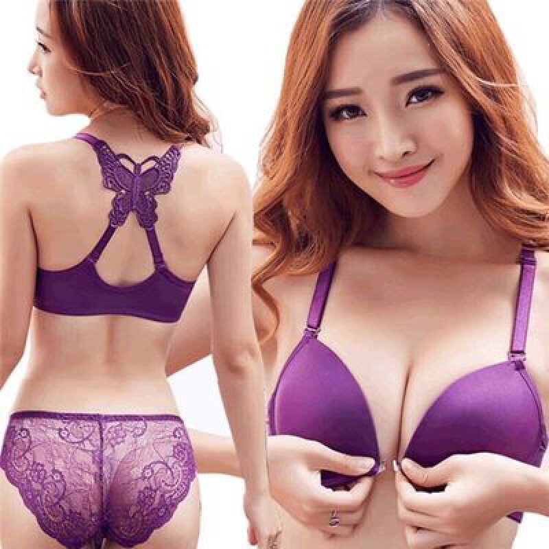 Front-Closure Bra Set with Beautiful Back Design, Sexy Backless Bra for Small Busts, Underwire Push-Up Bra, Thin Adjustable Bra for Young Women