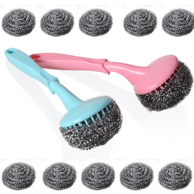 2 brushes 12 steel balls Long handle pot brush with handle dishwashing brush Non-stick oil kitchen decontamination brush Pot artifact