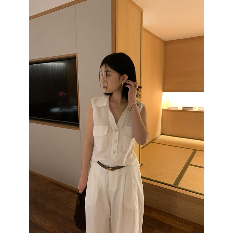 Bluepops All-Linen Workwear Sleeveless Shirt for Women 2026 Summer New Casual Pocket Lapel Vest Top