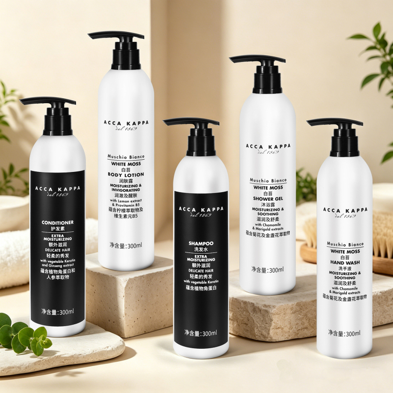 Acca Kappa White Moss Fragrance Wanda Hotel Style Shampoo, Shower Gel, Conditioner, Body Lotion, Hand Sanitizer Acca Kappa White Moss Fragrance Wanda Hotel Style Shampoo, Shower Gel, Conditioner, Body Lotion, Hand Sanitizer