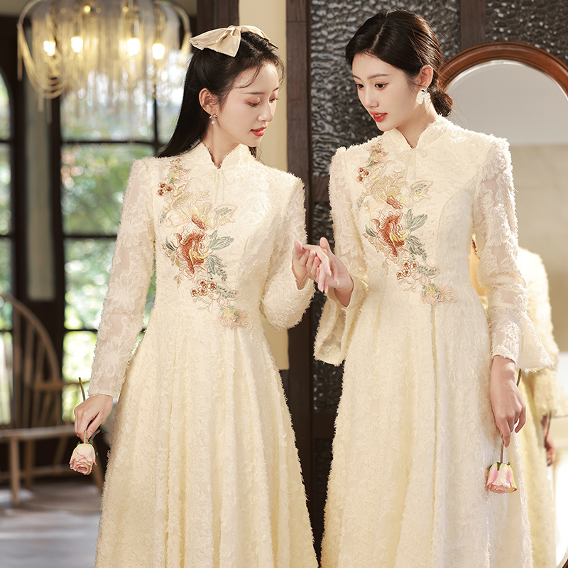 Chinese-Style Bridesmaid Dress in Champagne Color, Winter 2026 New Model, Long-Sleeve Wedding Sister Dress, Long Gown for Bridesmaid Group, Women's Dress Chinese-Style Bridesmaid Dress in Champagne Color, Winter 2026 New Model, Long-Sleeve Wedding Sister Dress, Long Gown for Bridesmaid Group, Women's Dress