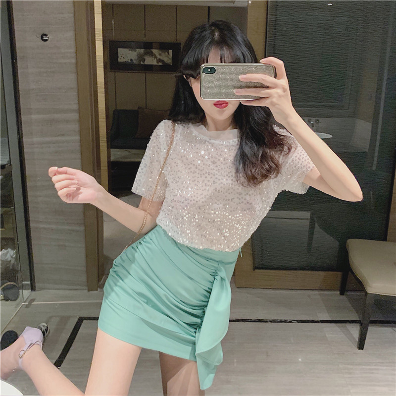 2020 Spring / Summer New sequin Top ngắn tay áo thun nữ Tide và High Waist Hip váy hai mảnh Set