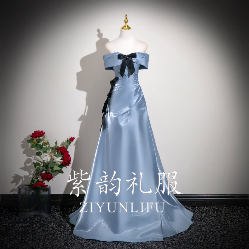 Elegant One-Shoulder Blue Long Evening Dress for Women, High-End, Suitable for Annual Meetings, Performances, Slimming Effect, Host Style, Light Luxury, Niche