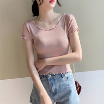 Knitted short-sleeved T-shirt womens summer 2021 new slim wooden ear edge exposed navel clavicle ice silk lotus leaf collar top
