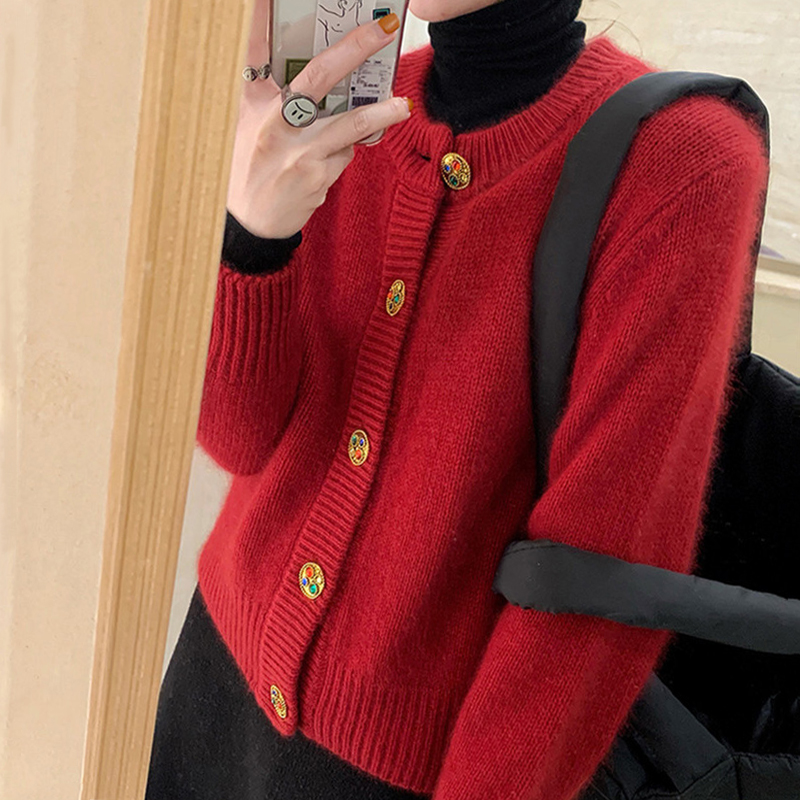 New Year Red Sweater Women 2022 Spring Loose Crew Neck Top Lazy Soft Sticky Design Feeling Knit Cardigan Jacket