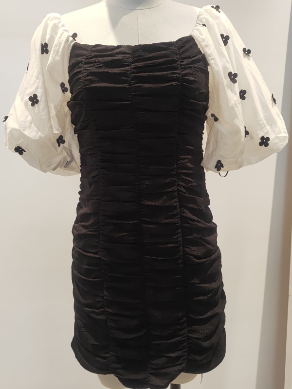 Z11 Women's Boutique Genuine Product Elegant Square-Neck Youthful Puff Sleeve Color-Blocked Floral Ruched Dress Z23Bh120