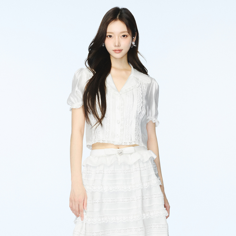 Lefame Spring New High-End Beaded Rococo Lapel Short-Sleeve Top Cardigan Shirt