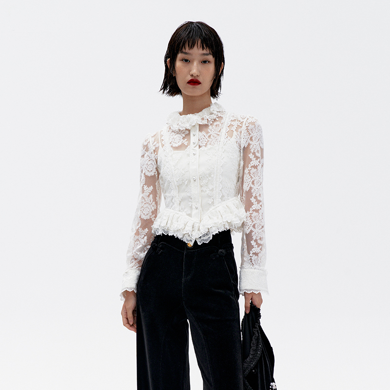 Lefame Slim-Fit Ruffled Lace Top for Women, Mesh Slim-Fit, Slimming, High-End Feel, Suitable for Layering