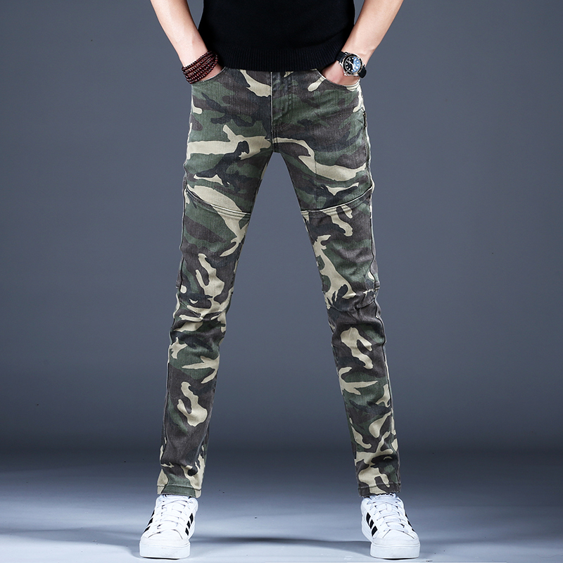 Summer Thin Men's Camouflage Work Jeans, Men's Trendy Brand Patchwork Design Casual Pants, Slim Fit Tapered Trousers