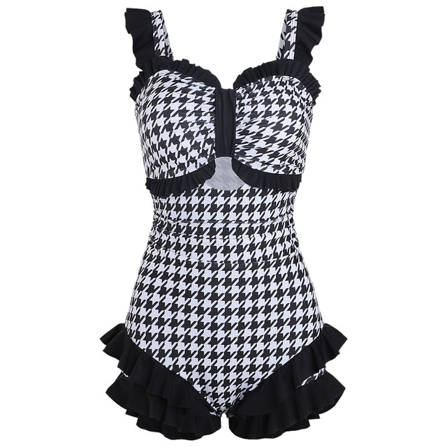 Swimsuit women's 2023 new one-piece cover belly slimming sexy gathered boxer conservative houndstooth hot spring swimsuit