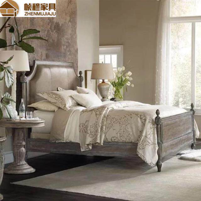 American countryside solid wood double bed bedroom retro for old furniture French style minimalist oak solid wood 1 8 m double-Taobao