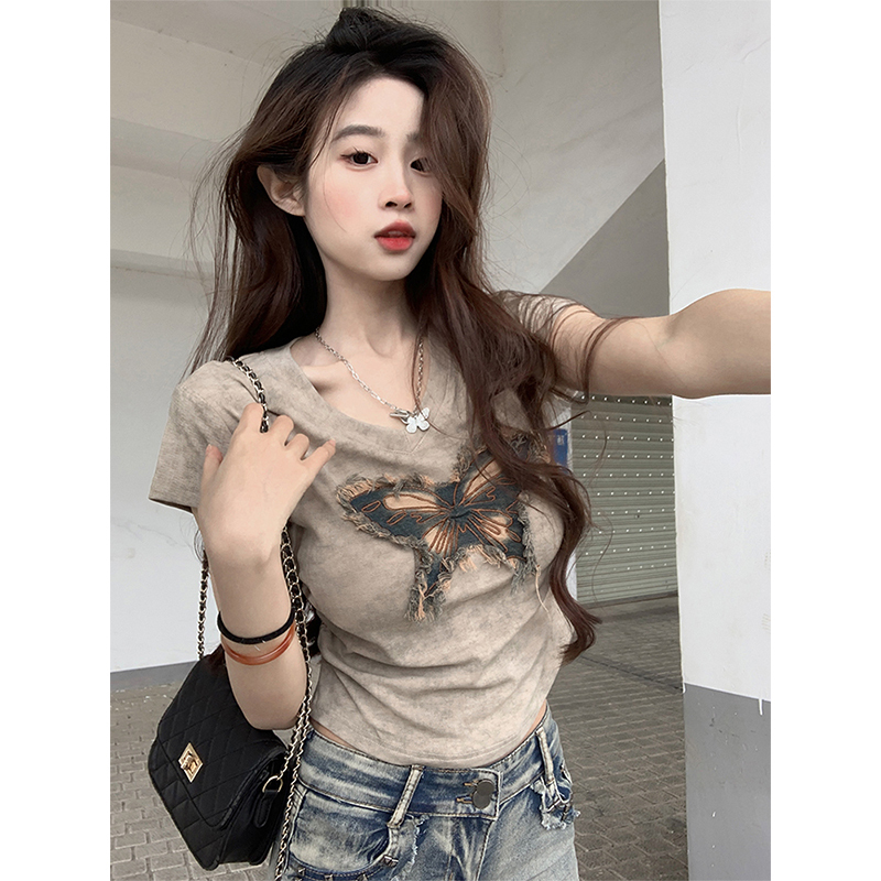 American Retro Tie-Dye Butterfly Short-Sleeve T-Shirt for Women, Summer Design, Trendy, Waist-Cinching, Slim-Fit, Short, Regular Shoulder Top