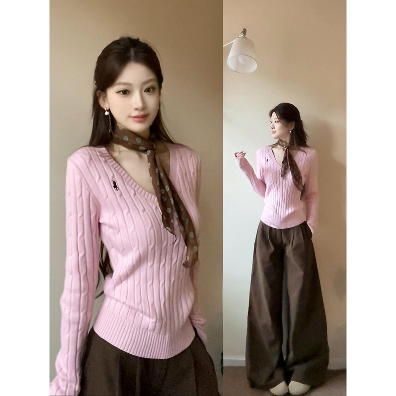 Korean-Style Pink V-Neck Long-Sleeve Knit Sweater for Women, 2026 New Spring and Autumn Model, Very Flattering, Slim-Fit Inner Layer Sweater Top Korean-Style Pink V-Neck Long-Sleeve Knit Sweater for Women, 2026 New Spring and Autumn Model, Very Flattering, Slim-Fit Inner Layer Sweater Top