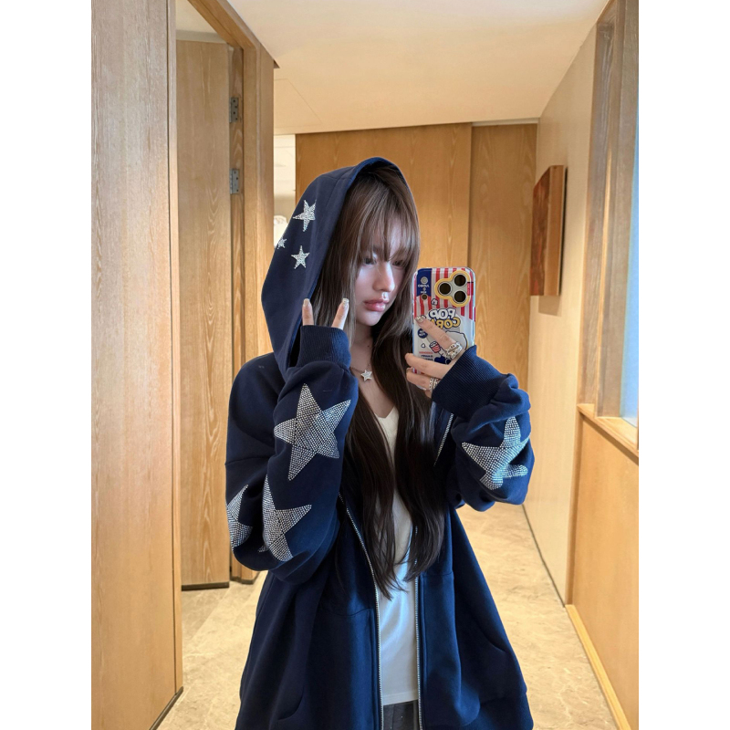 American-Style Rhinestone Star Hooded Sweatshirt for Women 2026 New Early Autumn Loose Lazy Style Cardigan Zipper Jacket Trendy